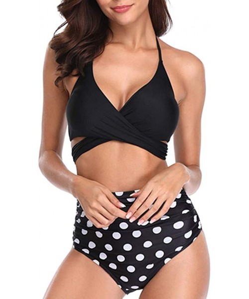 Sets Women Floral High Waisted Bikini Set Swimsuit Halter Bandage Wrap Push-Up Ruched High Waist Swimwear - Black - C2193Y5D76W