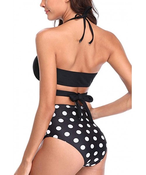 Sets Women Floral High Waisted Bikini Set Swimsuit Halter Bandage Wrap Push-Up Ruched High Waist Swimwear - Black - C2193Y5D76W