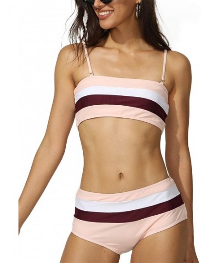 Sets Women Striped Swimsuit Bandeau High Waisted Bikini Color Block Bathing Suit - Pink - CQ1966QQ56T