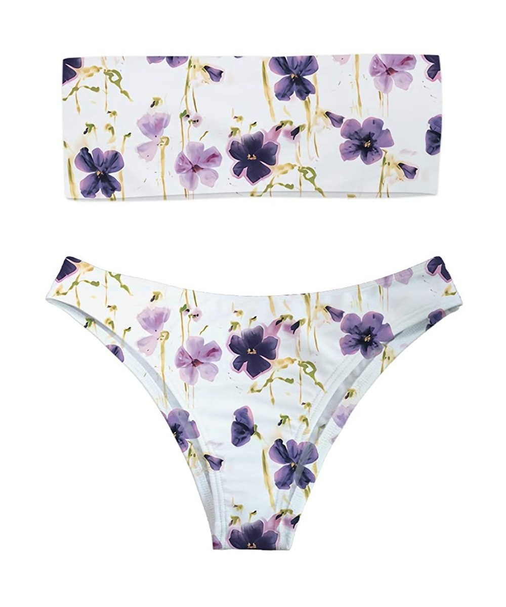 Sets Women Fashion Printed Bandeau Bikini Set Strapless High Cut Swimsuit - Flower 5 - CJ18QZHOTKM