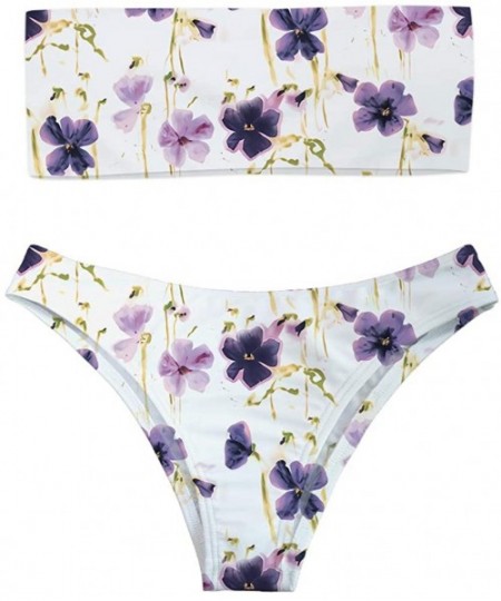 Sets Women Fashion Printed Bandeau Bikini Set Strapless High Cut Swimsuit - Flower 5 - CJ18QZHOTKM