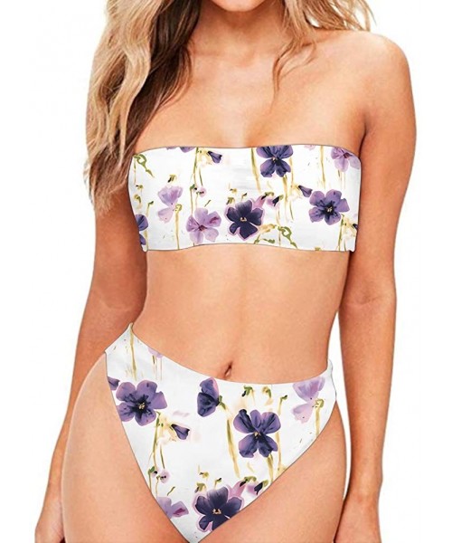 Sets Women Fashion Printed Bandeau Bikini Set Strapless High Cut Swimsuit - Flower 5 - CJ18QZHOTKM