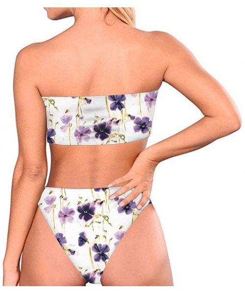 Sets Women Fashion Printed Bandeau Bikini Set Strapless High Cut Swimsuit - Flower 5 - CJ18QZHOTKM