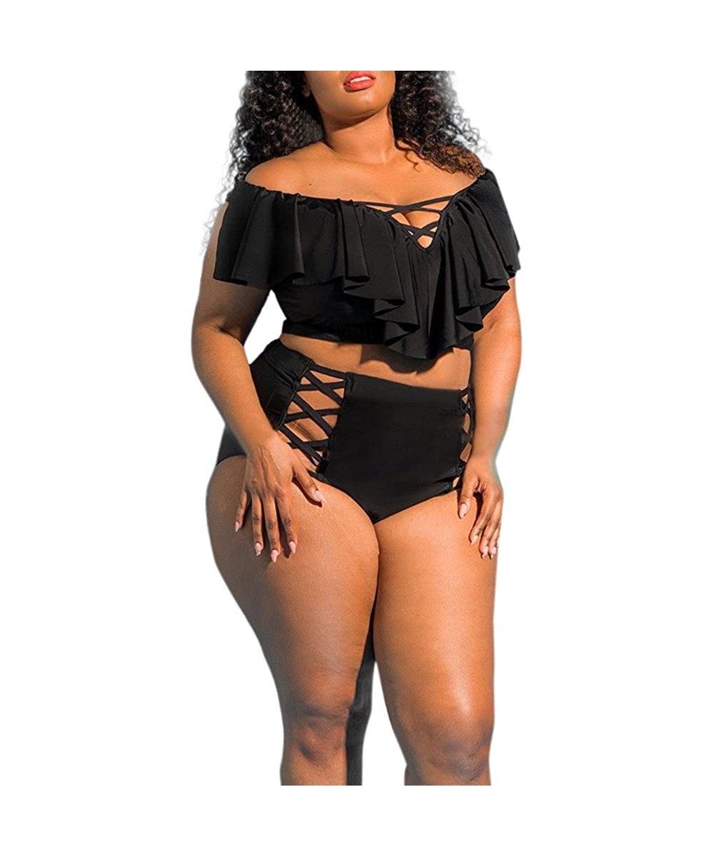 Sets Plus Size Cross Bandage Two Piece Bikini Set Solid Bathing Suits Swimwear Beachwear - H1 - CS18RX693XY