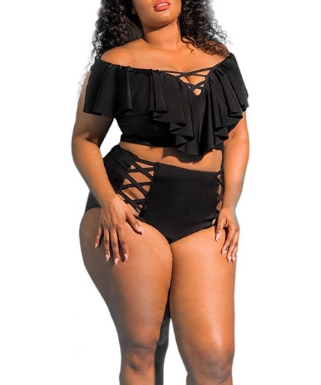 Sets Plus Size Cross Bandage Two Piece Bikini Set Solid Bathing Suits Swimwear Beachwear - H1 - CS18RX693XY