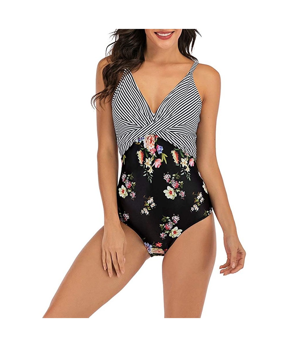 One-Pieces Women's One Piece Swimsuits V Neck Front Cross Bathing Suit Tummy Control Swimwear - Stripe Floral - CY196ZH6M64