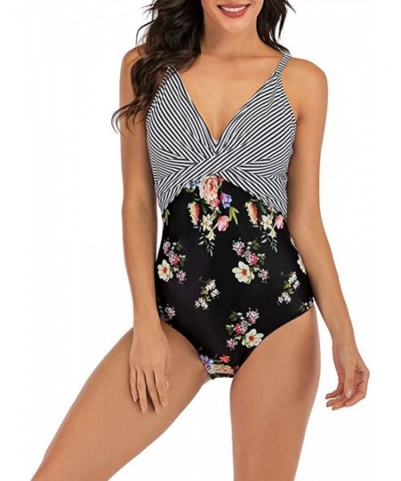 One-Pieces Women's One Piece Swimsuits V Neck Front Cross Bathing Suit Tummy Control Swimwear - Stripe Floral - CY196ZH6M64