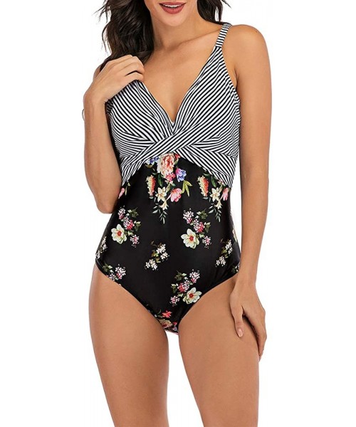 One-Pieces Women's One Piece Swimsuits V Neck Front Cross Bathing Suit Tummy Control Swimwear - Stripe Floral - CY196ZH6M64