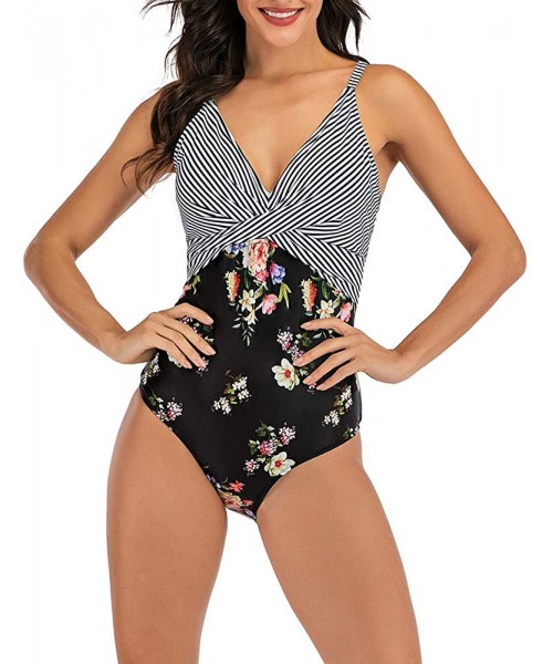 One-Pieces Women's One Piece Swimsuits V Neck Front Cross Bathing Suit Tummy Control Swimwear - Stripe Floral - CY196ZH6M64