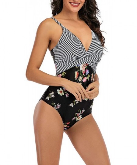 One-Pieces Women's One Piece Swimsuits V Neck Front Cross Bathing Suit Tummy Control Swimwear - Stripe Floral - CY196ZH6M64