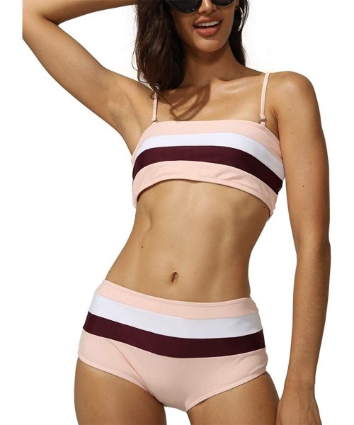 Sets Women Striped Swimsuit Bandeau High Waisted Bikini Color Block Bathing Suit - Pink - CQ1966QQ56T