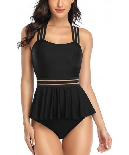 One-Pieces Womens Bathing Suits Tummy Control Two Piece Mesh Tankini Swimsuits Ruffled Swimwear - Black-03 - C1194CEHEYX