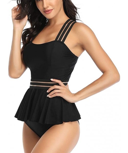 One-Pieces Womens Bathing Suits Tummy Control Two Piece Mesh Tankini Swimsuits Ruffled Swimwear - Black-03 - C1194CEHEYX