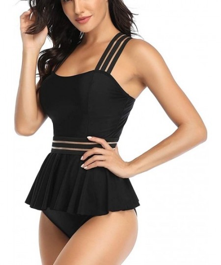 One-Pieces Womens Bathing Suits Tummy Control Two Piece Mesh Tankini Swimsuits Ruffled Swimwear - Black-03 - C1194CEHEYX