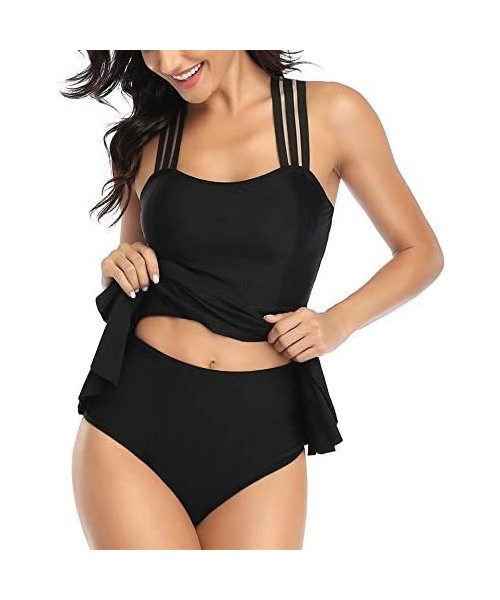 One-Pieces Womens Bathing Suits Tummy Control Two Piece Mesh Tankini Swimsuits Ruffled Swimwear - Black-03 - C1194CEHEYX