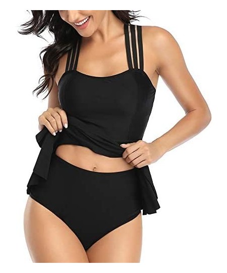 One-Pieces Womens Bathing Suits Tummy Control Two Piece Mesh Tankini Swimsuits Ruffled Swimwear - Black-03 - C1194CEHEYX