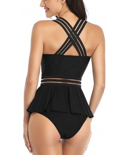 One-Pieces Womens Bathing Suits Tummy Control Two Piece Mesh Tankini Swimsuits Ruffled Swimwear - Black-03 - C1194CEHEYX