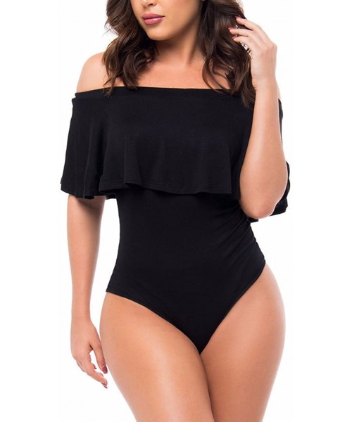 One-Pieces Women's Off Shoulder One Piece Swimsuit Ruffle Bodycon Bodysuit Swimwear - Black - C317AZTCTUO