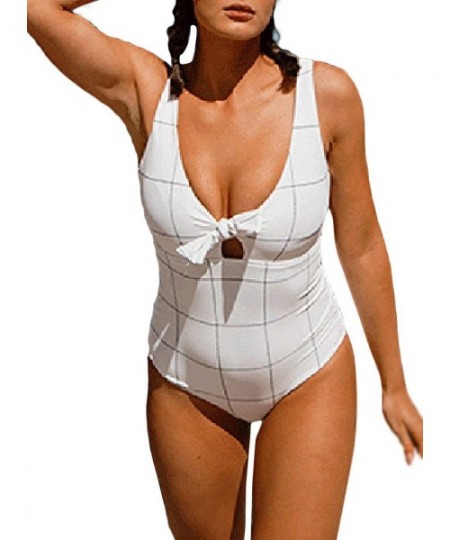 One-Pieces Womens Printed V Neck One Piece Swimsuit Belt Backless Swimwear Bathing Suit - Plaid White - CH193UTNCC6