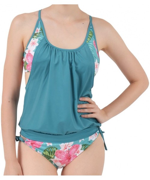 Tankinis Womens Lined Up Tankini Top with Panty Two Pieces Swimsuit Swimwear Set- XS-3XL - Summer Leaves - C4183RCKGE4