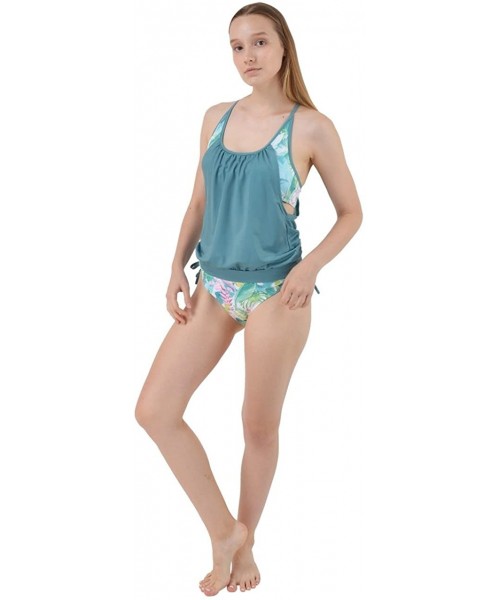 Tankinis Womens Lined Up Tankini Top with Panty Two Pieces Swimsuit Swimwear Set- XS-3XL - Summer Leaves - C4183RCKGE4