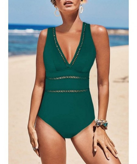 One-Pieces Womens Sexy V Neck Plunge Monokini Hollow Out One Piece Swimsuit Bathing Suit - Green - CE196RIHODU