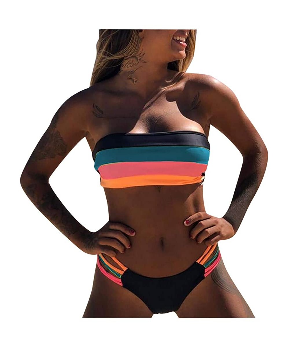 Sets Beach Bathing Suit Rainbow Striped Cutout Swimsuit Two Piece Bandeau Bikini Set Beachwear Swimwear - Blue - CY1965K35GL