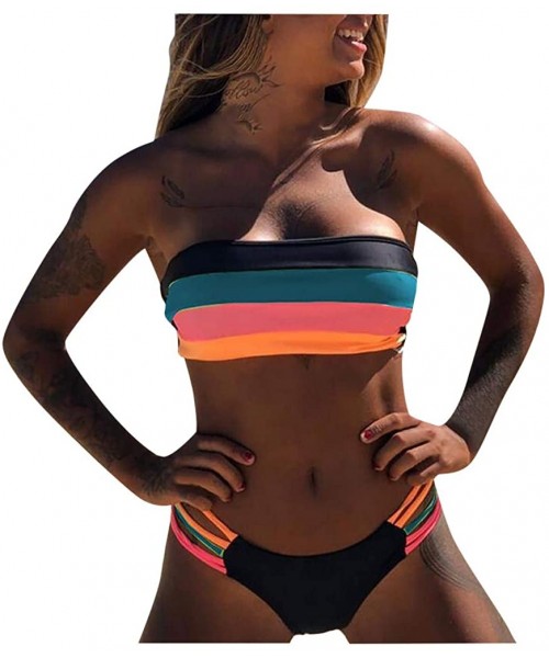 Sets Beach Bathing Suit Rainbow Striped Cutout Swimsuit Two Piece Bandeau Bikini Set Beachwear Swimwear - Blue - CY1965K35GL