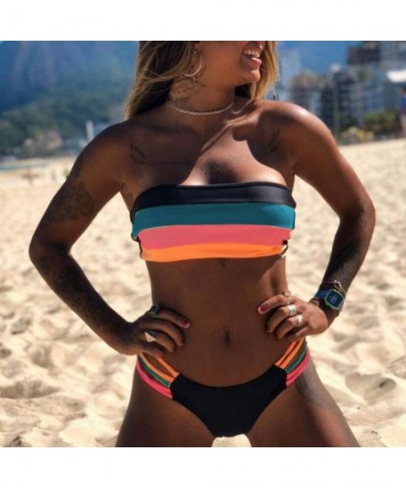 Sets Beach Bathing Suit Rainbow Striped Cutout Swimsuit Two Piece Bandeau Bikini Set Beachwear Swimwear - Blue - CY1965K35GL