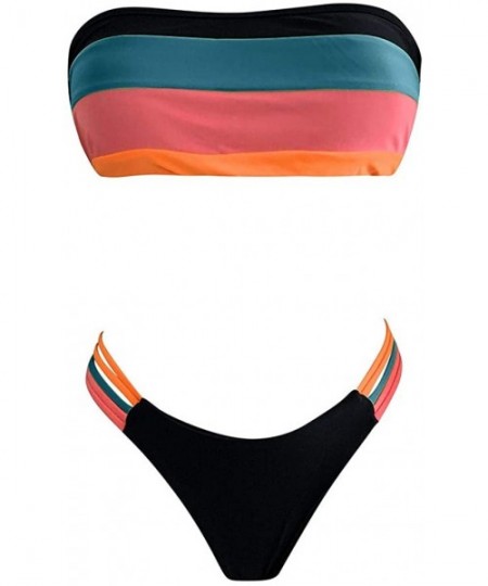 Sets Beach Bathing Suit Rainbow Striped Cutout Swimsuit Two Piece Bandeau Bikini Set Beachwear Swimwear - Blue - CY1965K35GL