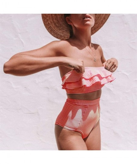 Sets Women Split Irregular Striped Ruffled Strapless High Waist Swimsuits Bikini Set - Striped Red - C218TWUADAT