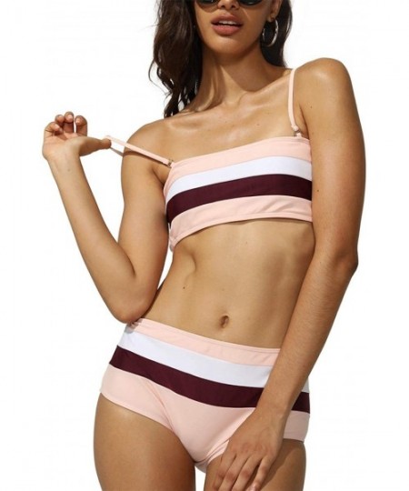 Sets Women Striped Swimsuit Bandeau High Waisted Bikini Color Block Bathing Suit - Pink - CQ1966QQ56T