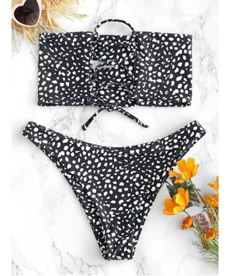 Sets Women Sexy Strapless Leopard Lace Up Beandeau Bikini Set Front Black Removal Cheeky Two Piece Swimsuit Beach Suit Black ...