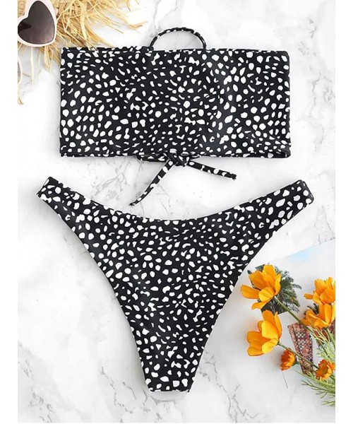 Sets Women Sexy Strapless Leopard Lace Up Beandeau Bikini Set Front Black Removal Cheeky Two Piece Swimsuit Beach Suit Black ...