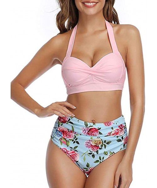 Racing Halter Ruched Bandeau Swimsuit Two Piece Retro High Waist Floral Printing Bikini Bathing Suits - B - CX194AEQ4H3