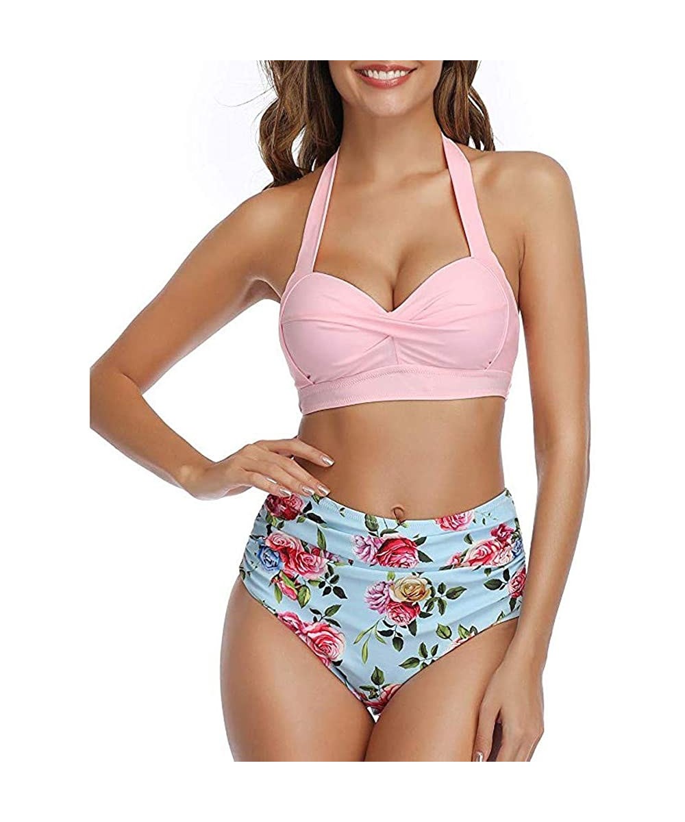 Racing Halter Ruched Bandeau Swimsuit Two Piece Retro High Waist Floral Printing Bikini Bathing Suits - B - CX194AEQ4H3