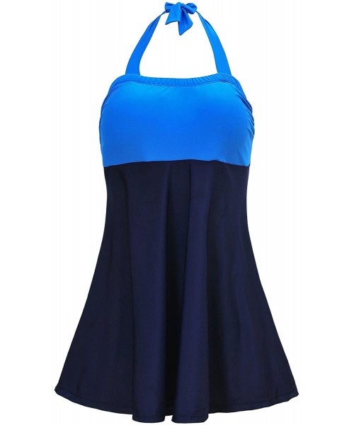 Racing Women's Plus Size One Piece Vintage Halter Swimsuit High Waist Long Torso Swimdress - Blue - CU180LQSHUH