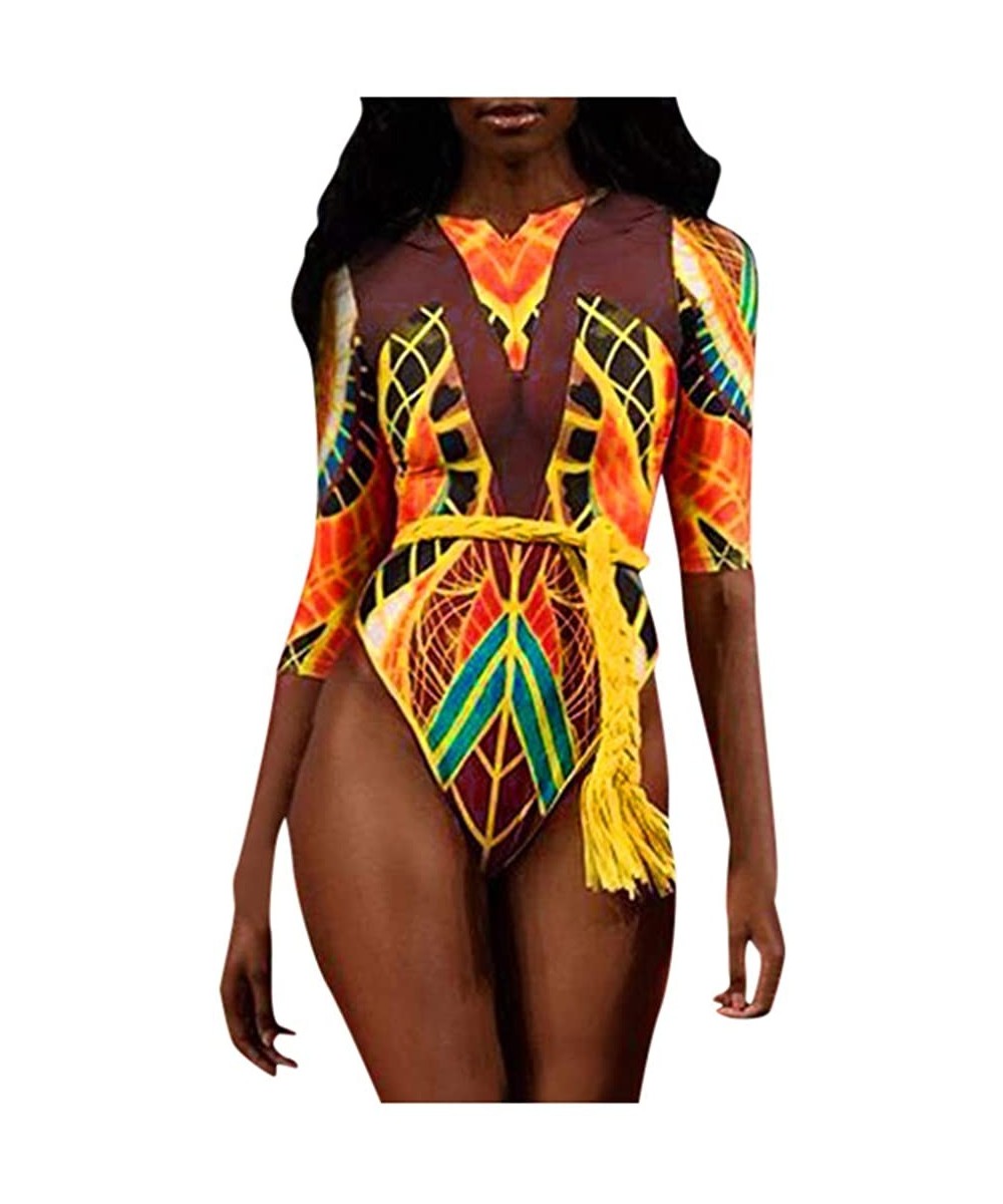 Tops Women One Piece Swimsuit African Print Monokini Bikini Beach Swimwear Bathing Suit for Women Plus Size - Gold2 - C4194YD...