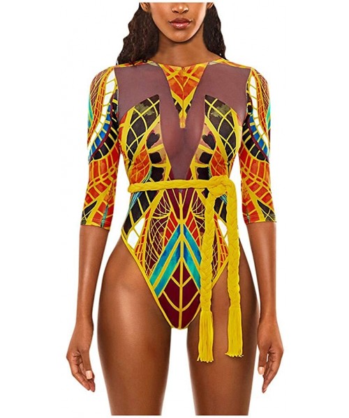 Tops Women One Piece Swimsuit African Print Monokini Bikini Beach Swimwear Bathing Suit for Women Plus Size - Gold2 - C4194YD...