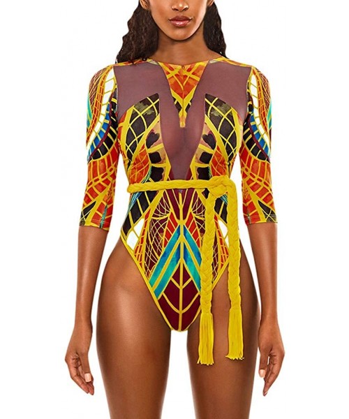 Tops Women One Piece Swimsuit African Print Monokini Bikini Beach Swimwear Bathing Suit for Women Plus Size - Gold2 - C4194YD...