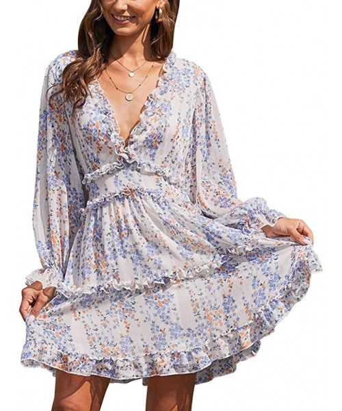 Cover-Ups Women Summer Beach Dress- Sexy Bohemian Sundresses Open Back Halter Deep V Lace Floral Skirt- Long Sleeve Chiffon C...