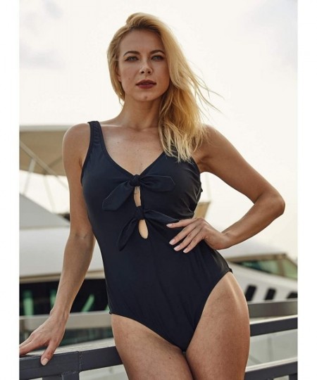 One-Pieces Women's Sexy Hollow Out Embroidered Bikini One Piece Swimsuit - Black Bow - C118RLZZRUU