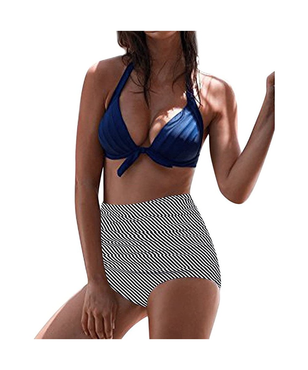 Board Shorts Women's High Waist Bikini Swimwear Women's Vintage Print Beachwear Bikini Set Swimwear - B2-dark Blue - C9196LA5TKE