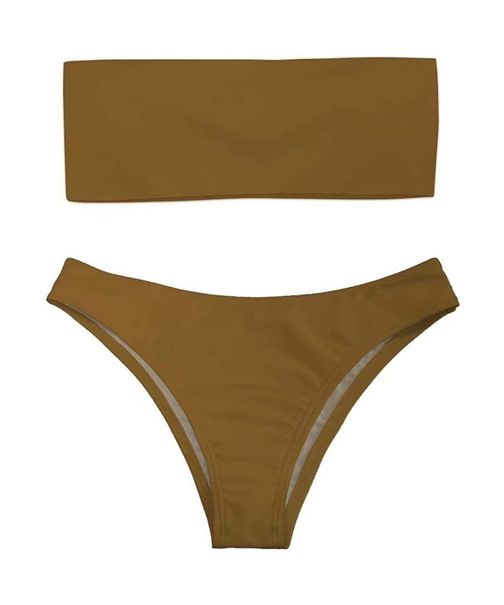 Sets Women's Two Piece Bandeau Bikini Set Sexy Strapless High Cut Swimwear - Brown - CE18QRG0NLQ