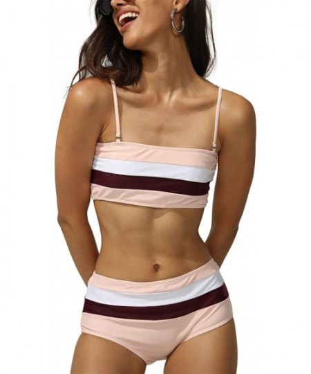 Sets Women Striped Swimsuit Bandeau High Waisted Bikini Color Block Bathing Suit - Pink - CQ1966QQ56T