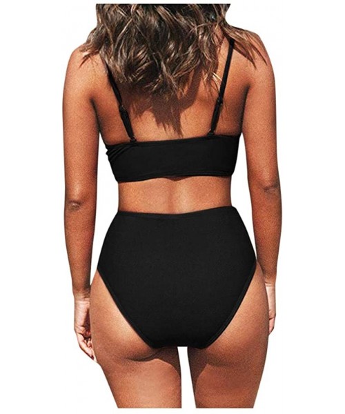 Sets Women's Sexy Solid Cross High Waist V Neck Bikini Sets Swimwear Beachwear - Black - CW1906298CO