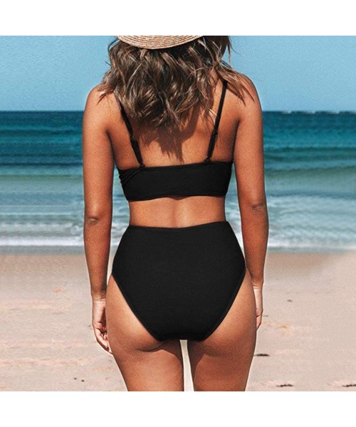 Sets Women's Sexy Solid Cross High Waist V Neck Bikini Sets Swimwear Beachwear - Black - CW1906298CO