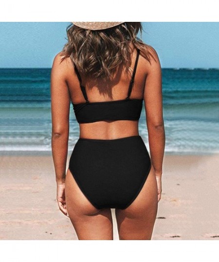 Sets Women's Sexy Solid Cross High Waist V Neck Bikini Sets Swimwear Beachwear - Black - CW1906298CO