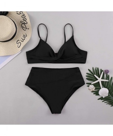 Sets Women's Sexy Solid Cross High Waist V Neck Bikini Sets Swimwear Beachwear - Black - CW1906298CO