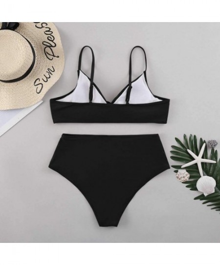 Sets Women's Sexy Solid Cross High Waist V Neck Bikini Sets Swimwear Beachwear - Black - CW1906298CO